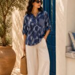 شومیز لینن زنانه طرح آبرنگی سرمه‌ای