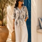 شومیز لینن زنانه سفید و طوسی